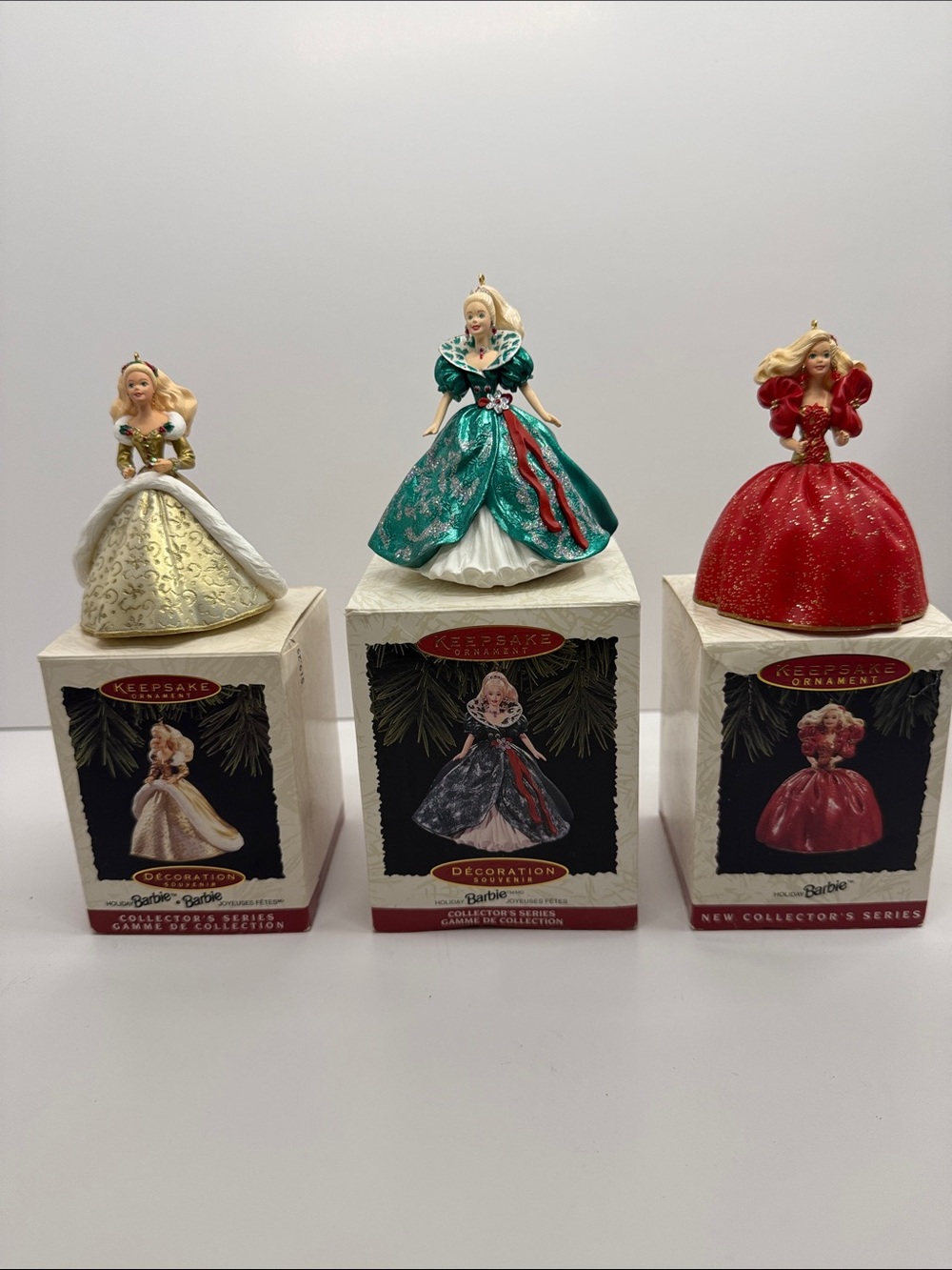 Vintage Hallmark Holiday Barbie Ornaments, 1994 1995 1996 Set of 3 in boxes.